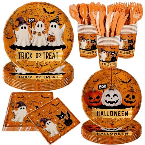 Halloween Party Supplies Set with Plates Cups Napkins & Utensils - Orange Pumpkin Ghost Design, Serves 20