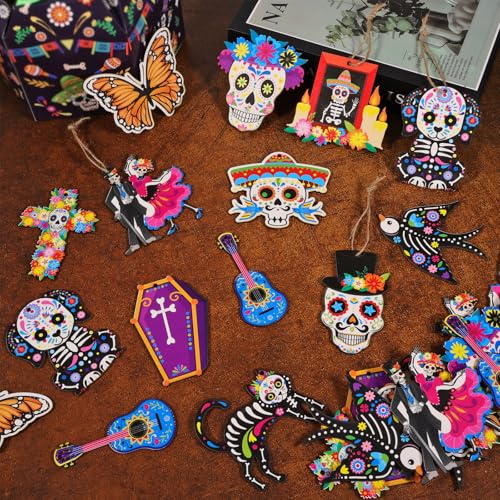 Day of the Dead Wooden Ornaments Set - Sugar Skull, Marigold & Cactus Decor, 36 Pieces