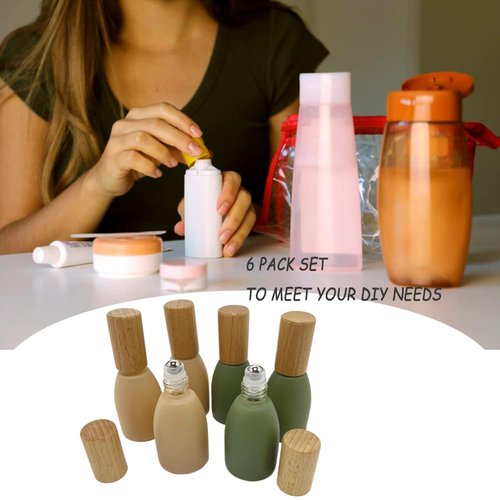 BEECO GIF2U 6Pcs 12ml/0.4 oz Glass Roll On Bottle with Bamboo Lid for Essential Oils,Empty Refillable Roller Bottles for Perfume Sample with Stainless Steel Roller Ball,Travel Containers