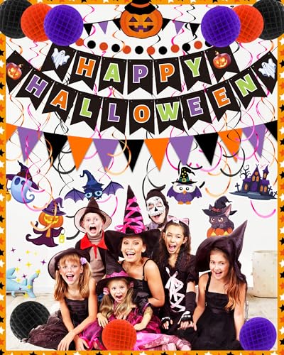 Halloween Party Decorations Kit - Banner, Bunting, Streamers & Poms - Indoor Halloween