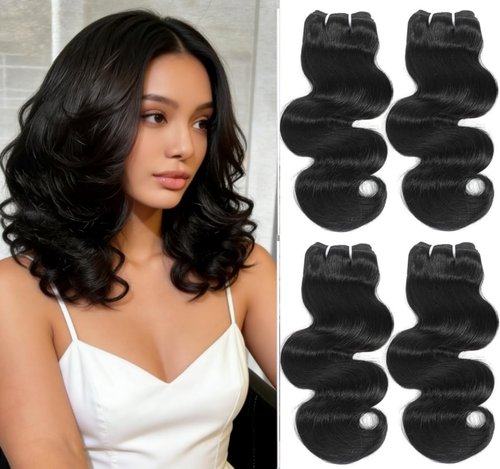 DAHONG HAIR 12A Remy Cuticle Aligned Human Hair Body Wave 4 Bundles 12 Inch, Double Machine Weft No Shedding No Tangling Thick Ends Natural Black, Quick Weave for Daily & All Occasions