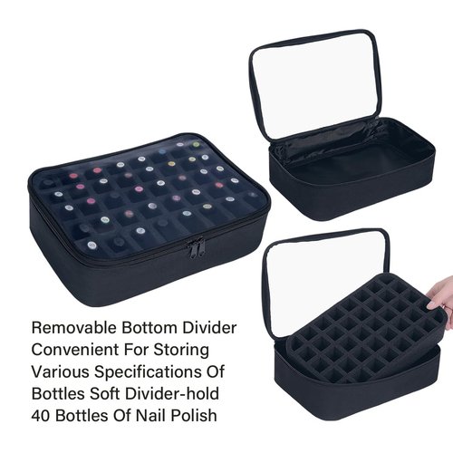UOZL Small Clear Nail Polish Organizer Holds 40 bottles(15ml-0.5fl.oz) Nail Polish Case Multifunctional Nail Polish Bag organizer, Cosmetic Travel Makeup Bags for Women Black