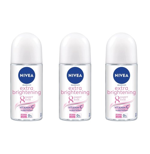 NIVEA Extra Brightening Flavor, Roll-On Deodorant, Alcohol-Free, 48HR Odor Protection, 50ml, 1.69oz, Pack of 3