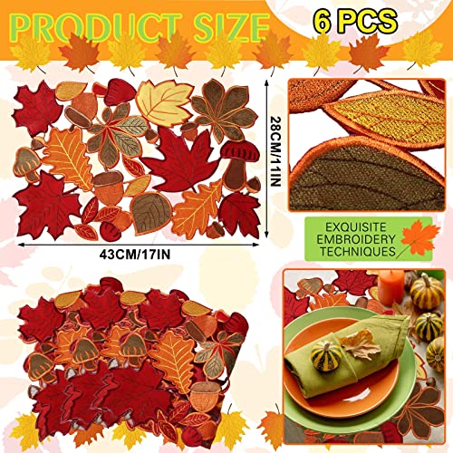 Thanksgiving Maple Placemat Set of 6 - 11x17 Bright Colors Embroidered Table Mats