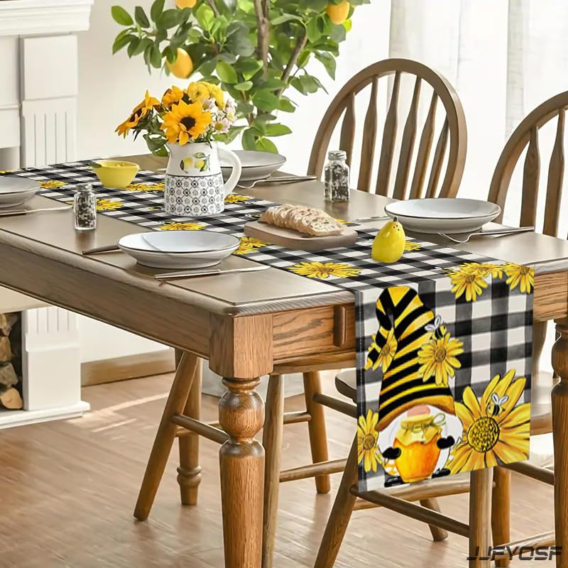 Bee Gnome Table Runner with Sunflower Design - Rustic Farmhouse Kitchen Decor, 13x72 Inch (Sunflower Bee Gnome)