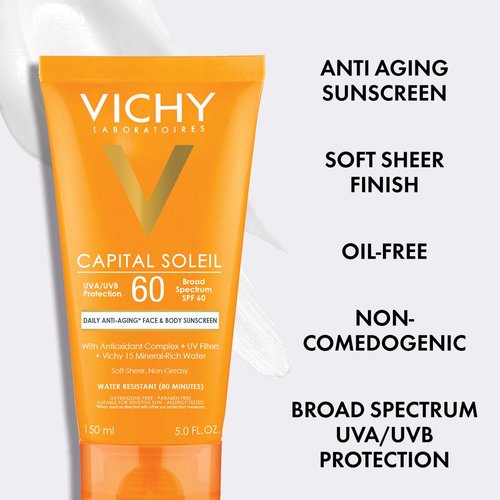 Vichy Capital Soleil Sunscreen Lotion - Daily Anti-Aging SPF 60 for Face & Body | Oxybenzone-Free, Dermatologist Recommended