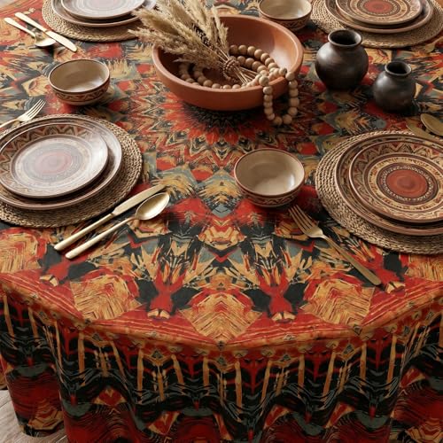 Orange Bohemia Round Tablecloth 60in - Boho Polyester Cover for Dining & Events