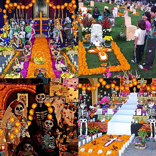 Orange Day of the Dead Decor Set with Lighted Marigold Garlands & Butterflies - 4 Pieces