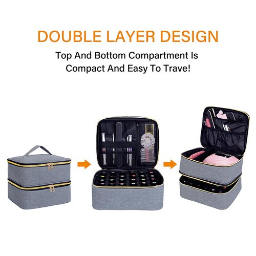 UOZL Nail Polish Organizer, Handheld Double Layer Organizer Holds 30 Bottles (15 ml/0.5 floz) with Adjustable Dividers for Nail Polish Small Manicure Lamp Manicure Tools Essential and Travel,Gray Gold