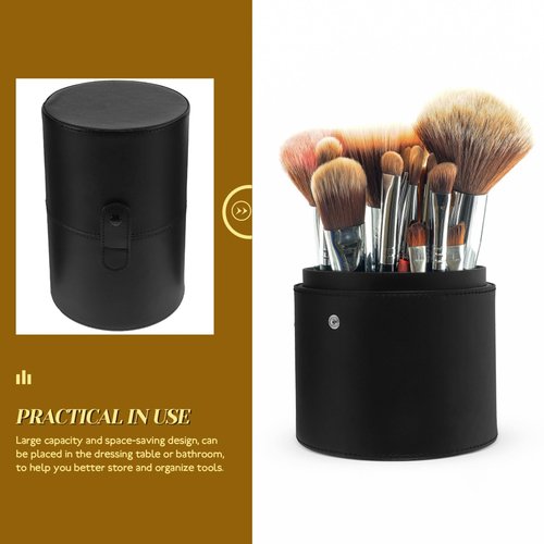 Beaupretty PU Leather Case Makeup Brush Holder with Lid Cosmetic Storage Bucket Brush Box Cup for Women Black