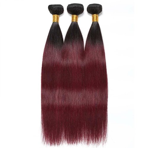 LUMWAV T1B/99J Straight Human Hair Bundles 10 12 14 Inch 3 Bundles Brazilian Virgin Remy Hair Extensions Ombre Burgundy Red Double Weft Weave for Black Women