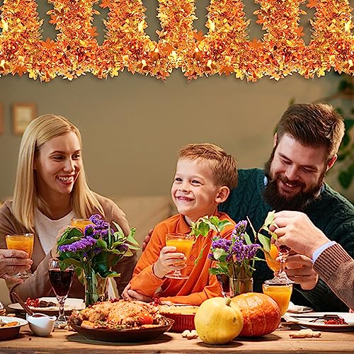 33Ft Fall Tinsel Garland with Maple Leaves, Metallic Twist for Thanksgiving Halloween Decor