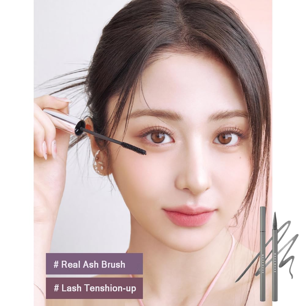 WAKEMAKE Real Ash Brush Eyeliner, Korean Makeup Liquid Eyeliner, Smudge-proof, Ultra-Fine Tip, Long Lasting Waterproof Liquid Eyeliner 0.04 OZ (Pack of 2) (02 ASH BROWN)