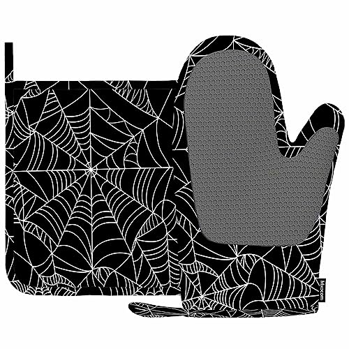 Halloween Spider Web Oven Mitts and Pot Holders Set - Black & White, Heat Resistant Silicone Kitchen Gloves