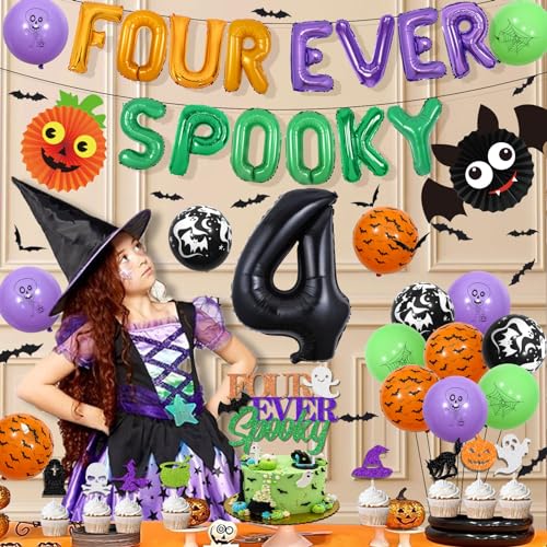 Halloween 4th Birthday Party Decorations Foil Balloons Banner & Ball Set - Black, Orange, Green, Ghost & Bat Theme with Variation Black Orange Green