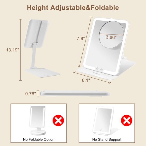 TPCHOIE Lighted Travel Mirror with Rechargeable Light, Adjustable Stand & 3 Light Colors