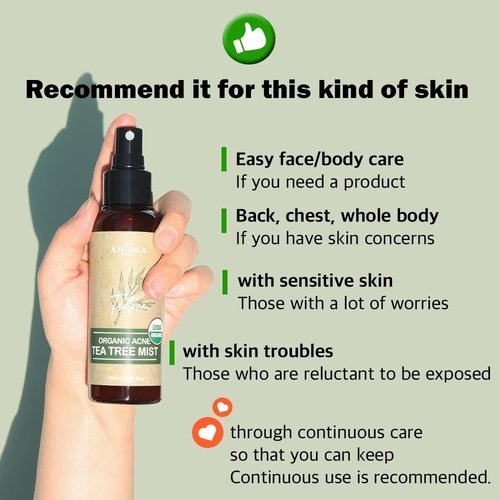 The Aroma Shop USDA Certified Organic Tea Tree Acne Mist – Natural Face & Body Spray for Acne-Prone Skin, Tea Tree Oil, 3.38 fl oz