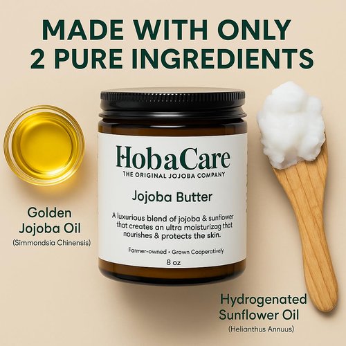 HobaCare Jojoba Butter, Fragrance-Free Body Butter Base with Natural First-Press Pure Jojoba Oil - Softening, Moisturizing, Vegan, Cruelty-Free Cream for Skin & Hair (8 oz)