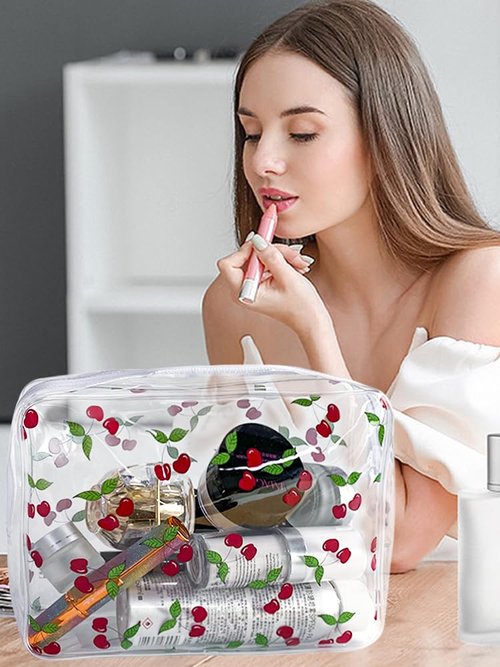 TotePrint 2PCS Red Cherry Transparent PVC Cosmetic Bag, 9.84x7.09x2.36inch Portable Waterproof Storage Bag for Girls' Cosmetics and Toiletries. (Cherry printing L-2pcs)