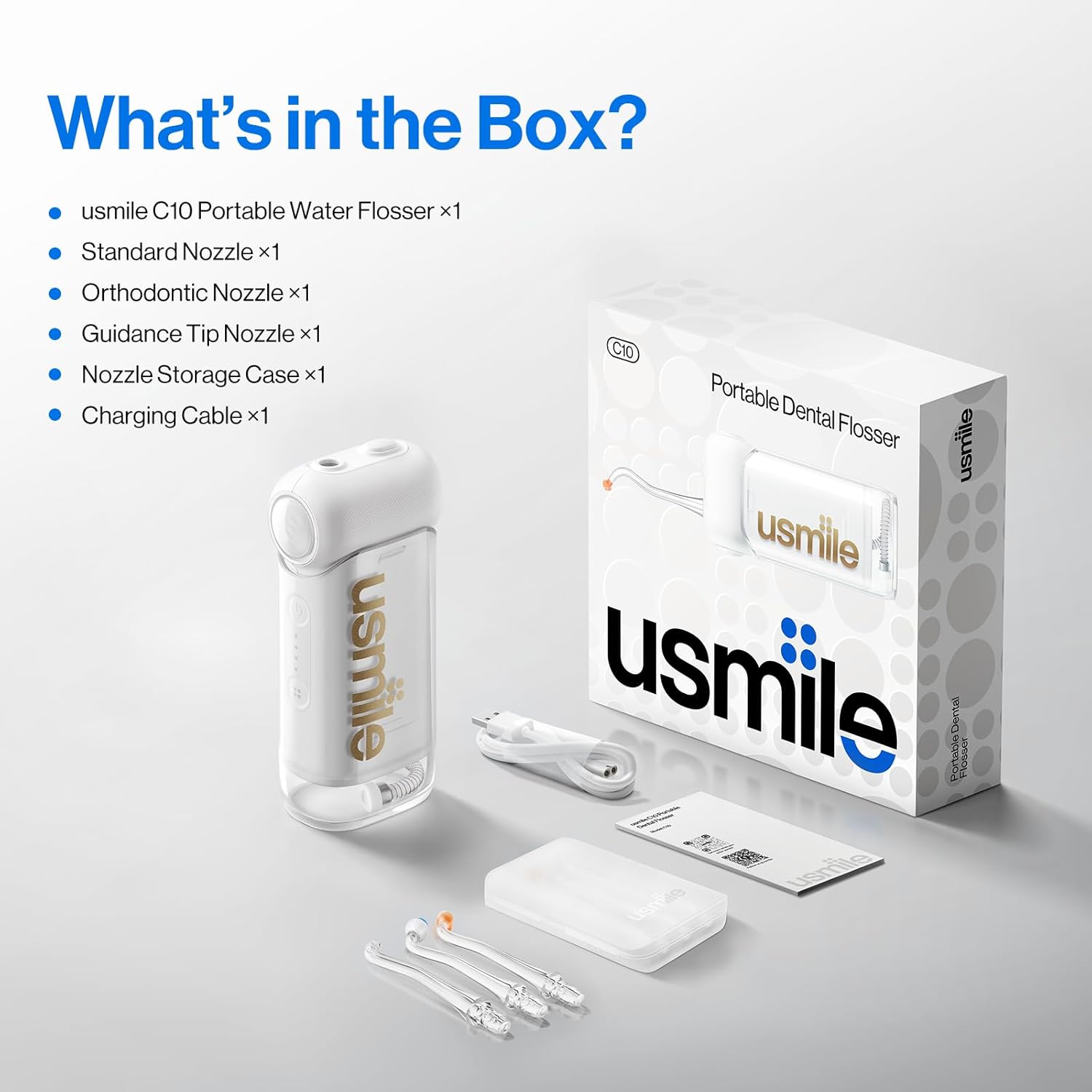 Usmile C10 Portable Water Flosser - Travel-Friendly, 95-Day Battery, 4 Modes, 180ml Tank, IPX7 Waterproof (White)
