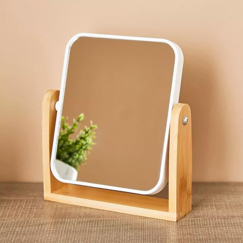 Esayendder Desk Mirror,Mirror for Desk,1X/3X Magnifying Double-Sided 360°Flippable Vanity Mirror,Makeup Mirror,with Natural Bamboo Stand-White