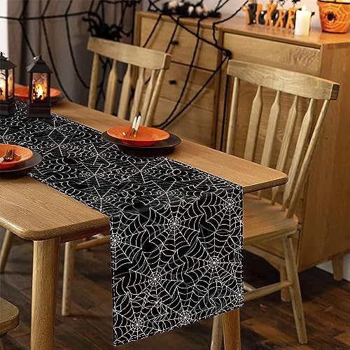 Halloween Spider Web Table Runner Black Linen 13 x 90 Inch - Seasonal Decor