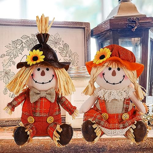 Thanksgiving Fall Tabletop Decorations - 2 Pack Handmade Scarecrows, Harvest Figurines