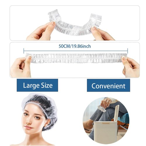 Disposable Shower Caps -100 pcs Waterproof Plastic Shower Caps, Women's Disposable Plastic Clear Shower Caps, Suitable for Hair Care, Spa Salons, Travel, Portable Multi-Purpose Plastic Hair Caps(20")