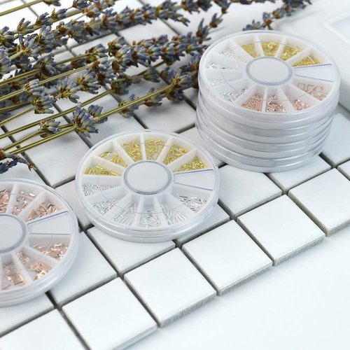 QIMYAR Nail Studs 3D Nail Charms Decals for Women,6 Box Metal Mixed Shaped Nails Art Rhinestones Jewelry Caviar Beads Decorations With Tweezers Supply Kit Gold Silver Rose Gold
