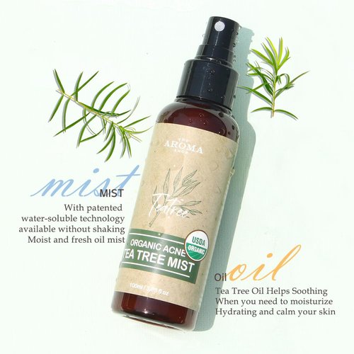 The Aroma Shop USDA Certified Organic Tea Tree Acne Mist – Natural Face & Body Spray for Acne-Prone Skin, Tea Tree Oil, 3.38 fl oz