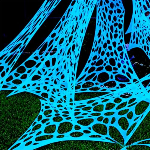 Giant Outdoor Spider Web Decoration Kit - 1400 Sqft Glow-in-The-Dark Blue Web with Blacklights - Halloween Decor, Reusable and Easy to Install - White Variation