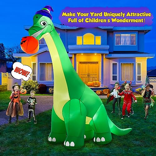 Giant Halloween Inflatable Dinosaur with Pumpkin & Witch Hat - 13Ft Yard Decor with LED Lights