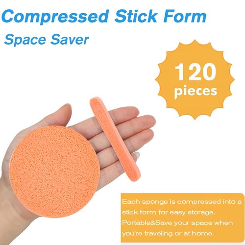 Facial Sponge Compressed 120 Count,Makeup Remover Wash Pads Round Soft Face Cleansing Sponges for Woman Exfoliating Mask,Makeup Removal,Spa Cleaning,Orange‌