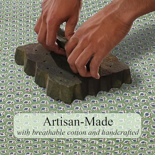 Ridhi Green 60x60 Inch Cotton Square Tablecloth - Hand Block Print, Fall & Holiday Decor
