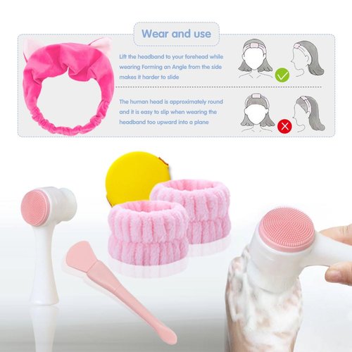 Manual Facial Cleansing Brush, Face Washing Tools,Headbands, Wrist Band ，Facial Mask Brush and Powder Puff（Pink