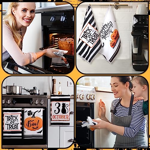 Halloween Kitchen Towels Set - 4 Pieces with Pumpkin Cat Bat Prints, Black and White