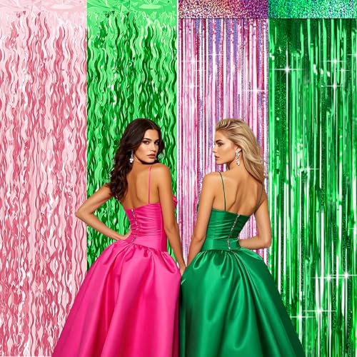 Pink Green Wavy Foil Curtain Backdrop - Birthday Party Decorations - 2 Pack