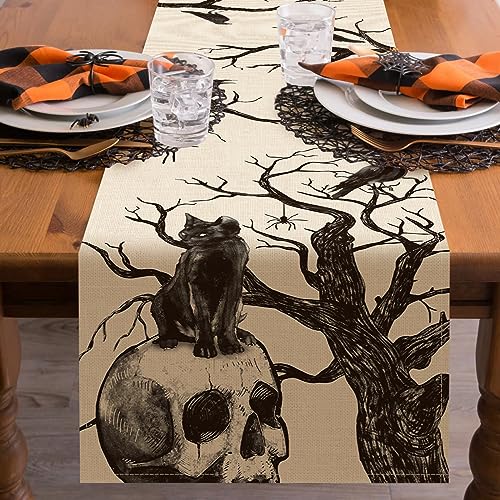 Halloween Table Runner 13x72 Inch Gothic Skull Black Cat Crow Silhouette Tree Decor