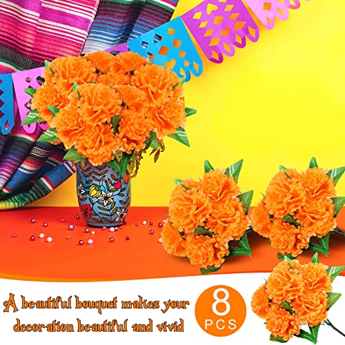 Artificial Marigold Flowers Bulk 8 Pack Halloween Day of the Dead Decorations - Orange