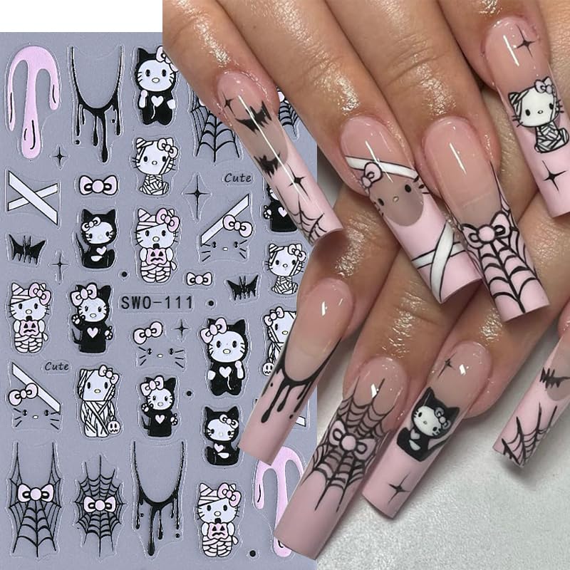 Halloween Nail Art Stickers Decals - 4 Sheets Scary Bat Spider Web Skull Black Cat - Halloween Style 02