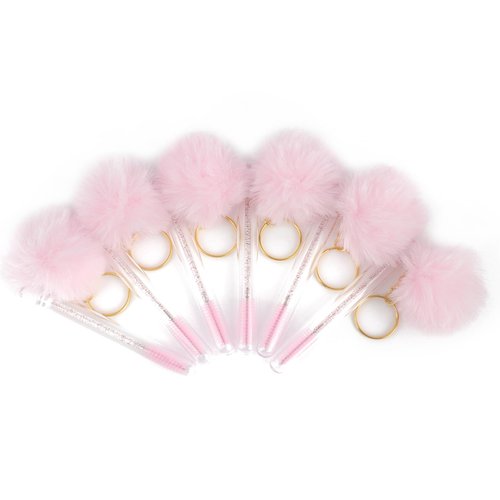 Mekupeu 20pcs Disposable Glitter Cleaning Spoolie Brushes Mascara Wands Tubes Diamond Faux Fur Ball Keyring Eyelash Brush Makeup Tool Applicator Set (Pink)