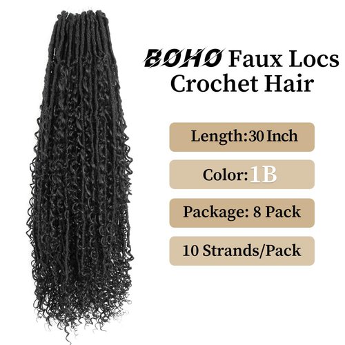SECPOCPONY Boho Goddess Faux Locs Crochet Hair 30 Inch 8 Packs Distressed Soft Locs Pre Looped Crochet Braids with Curly Ends (80 Strands, 1B)