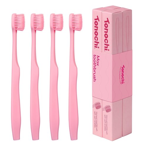 Tonochi Max Extra-Soft Toothbrush for Adults Sensitive Gums – Gentle Bristles, Wide Angled Head for Back Teeth, Ergonomic Non-Slip Grip, BPA-Free Handle, Individually Wrapped, 4-Pack(Pink)