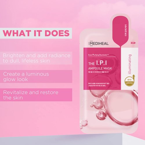 Mediheal IPI Ampoule Face Mask - Brightening Korean Sheet Mask 10 Sheets with Niacinamide for Dull Skin