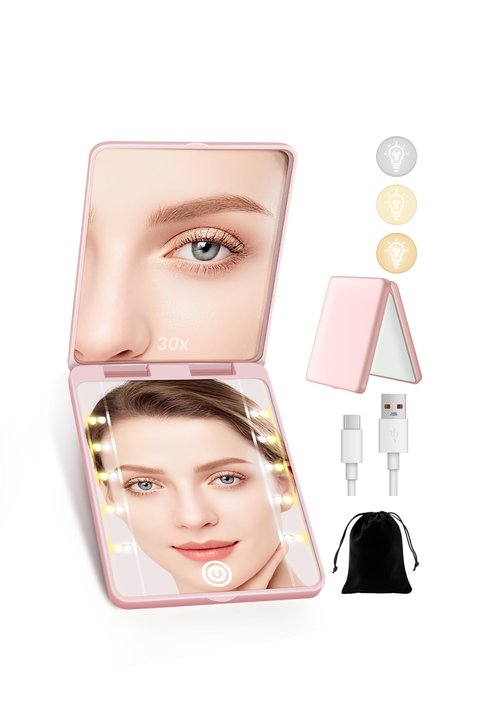 SisKokoro Compact Mirror, Rechargeable 30X Magnifying Mirror with 3 Lighting Modes & Dimmable Brightness, Portable Travel Makeup Mirror with Light, Essentials for Travel, Pocket, Purse Pink