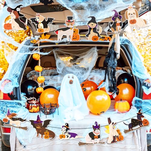Halloween Dog Decorations Banner with Cute Dogs, Pumpkins & Witch Hats