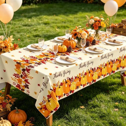 Thanksgiving Plastic Tablecloth 54x108 Inches - Maple Leaf Pumpkin Pattern, Disposable Cover for 6-8 Foot Tables, 8 Pack