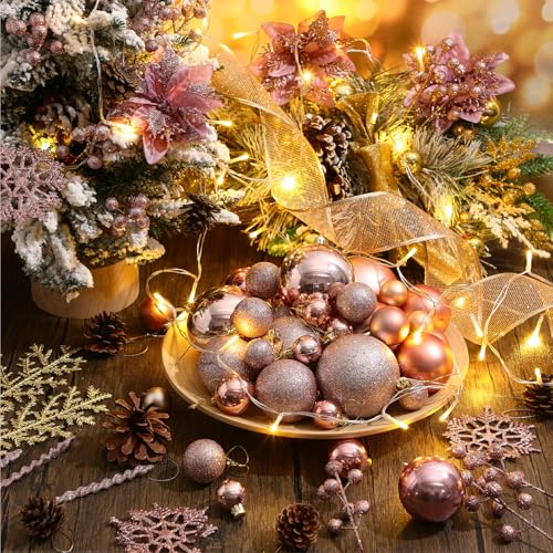 Canlierr 145-Piece Rose Gold Christmas Ornament Set with Lights & Decorations