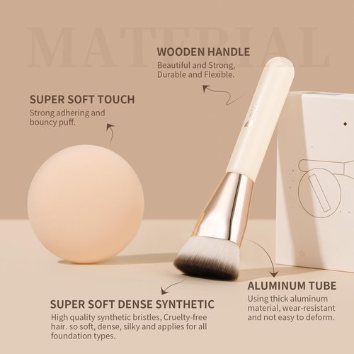 DUcare Foundation Brush & Makeup Puff Set, Flat Top Kabuki Brush for Liquid Cream Powder, Cream Perfect for Base Makeup