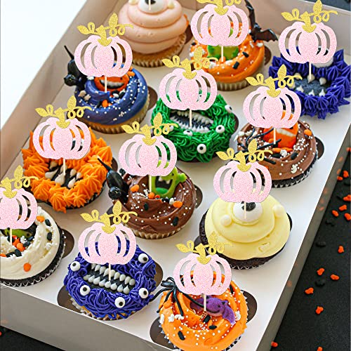 Pumpkin Cupcake Toppers Glitter Fall Theme Design 1 Orange 24 Pack